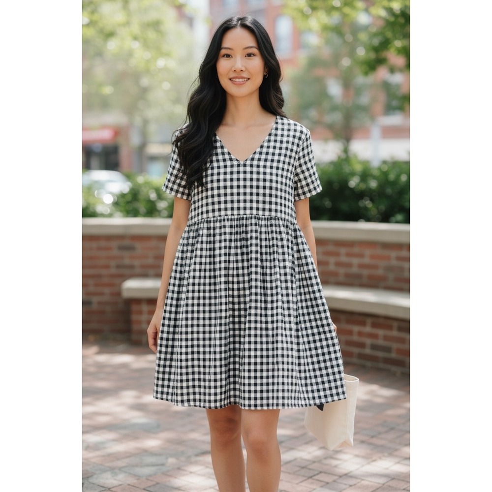 Forever 21 Gingham Babydoll Dress Black White Checkered V-Neck Mini Woven Large